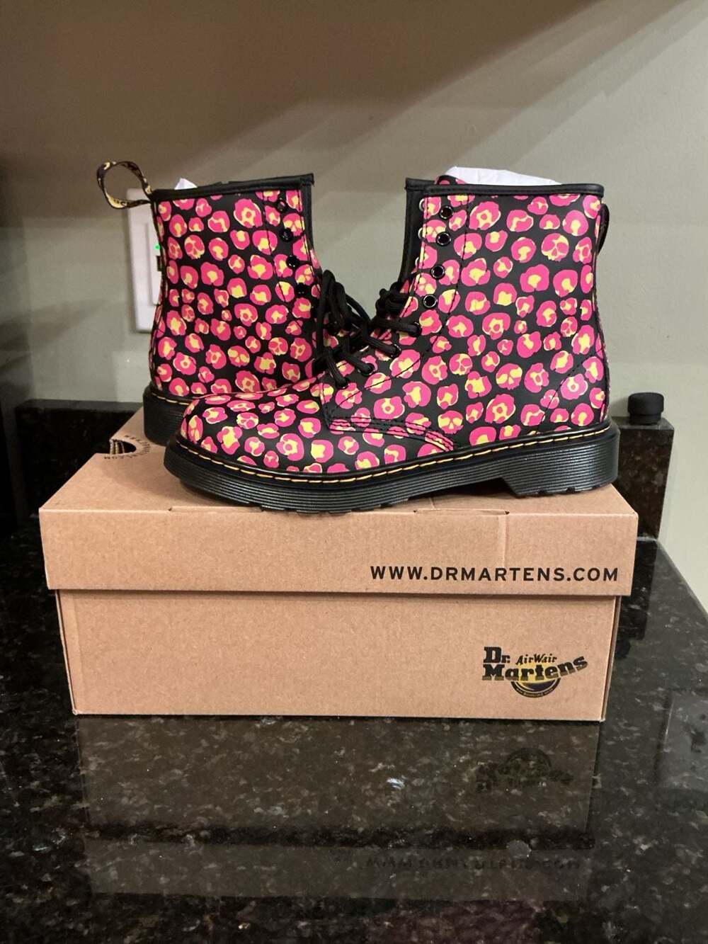 Dr. Martens New 1460 Pink Leopard Skull Leather Boots Size 5.5 Women or 4 Youth